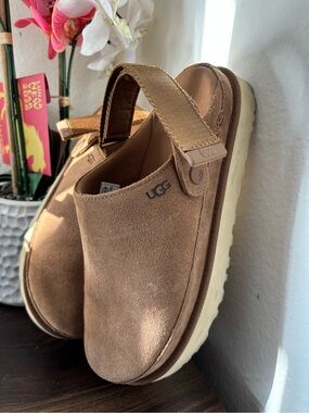 Mens UGG Chestnut Suede Platform Clog Sandals with Cream Sole
